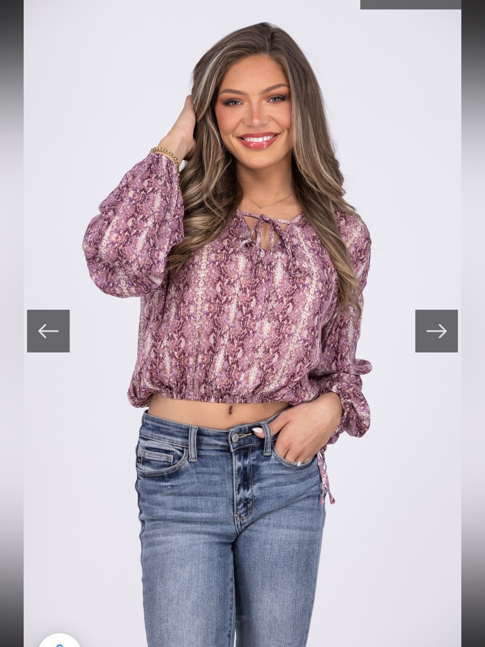 Savanna Jane Mauve Snake-Print Long Sleeve Blouse